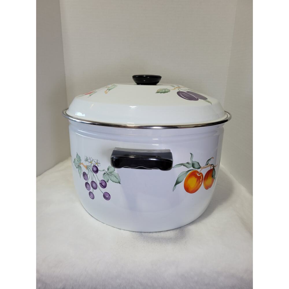 VINTAGE XL TABLETOPS UNLIMITED Stock Pot Porcelain Enamelware Fruit Theme - Picture 2 of 11